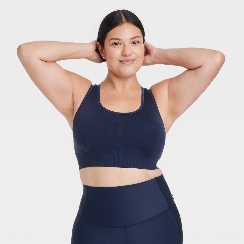 slide 3 of 6, Women's Seamless Medium Support Racerback Sports Bra - All In Motion™ Navy Blue XXL: Activewear, Knit, Solid Pattern, 1 ct