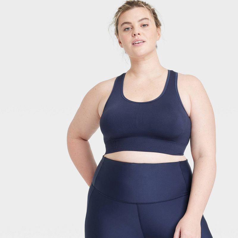 slide 5 of 6, Women's Seamless Medium Support Racerback Sports Bra - All In Motion™ Navy Blue XXL: Activewear, Knit, Solid Pattern, 1 ct