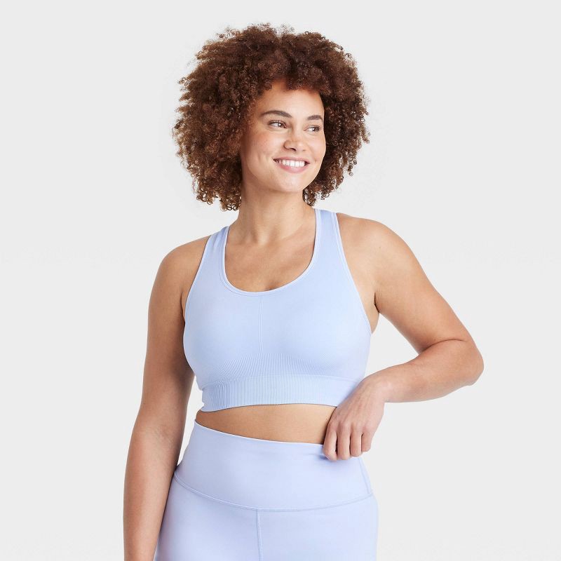 slide 3 of 5, Women's Seamless Medium Support Racerback Sports Bra - All In Motion™ Periwinkle Blue S: Moisture Wicking, Removable Cup, 1 ct