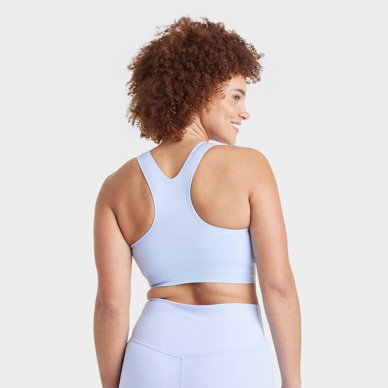 slide 4 of 5, Women's Seamless Medium Support Racerback Sports Bra - All In Motion™ Periwinkle Blue S: Moisture Wicking, Removable Cup, 1 ct