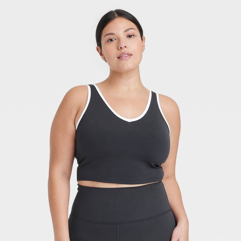slide 3 of 5, Women's Everyday Soft Light Support Contrast V Neck Cropped Sports Bra - All In Motion™ Black XL: Moisture Wicking, Removable Padding, 1 ct