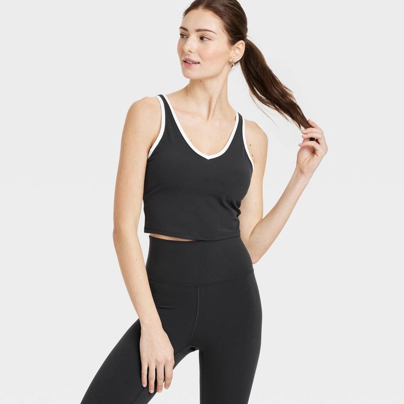 slide 5 of 5, Women's Everyday Soft Light Support Contrast V Neck Cropped Sports Bra - All In Motion™ Black XL: Moisture Wicking, Removable Padding, 1 ct
