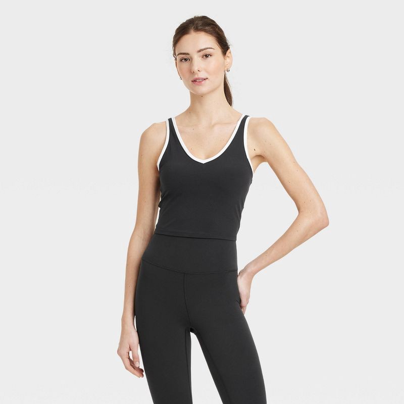 slide 1 of 5, Women's Everyday Soft Light Support Contrast V Neck Cropped Sports Bra - All In Motion™ Black XL: Moisture Wicking, Removable Padding, 1 ct