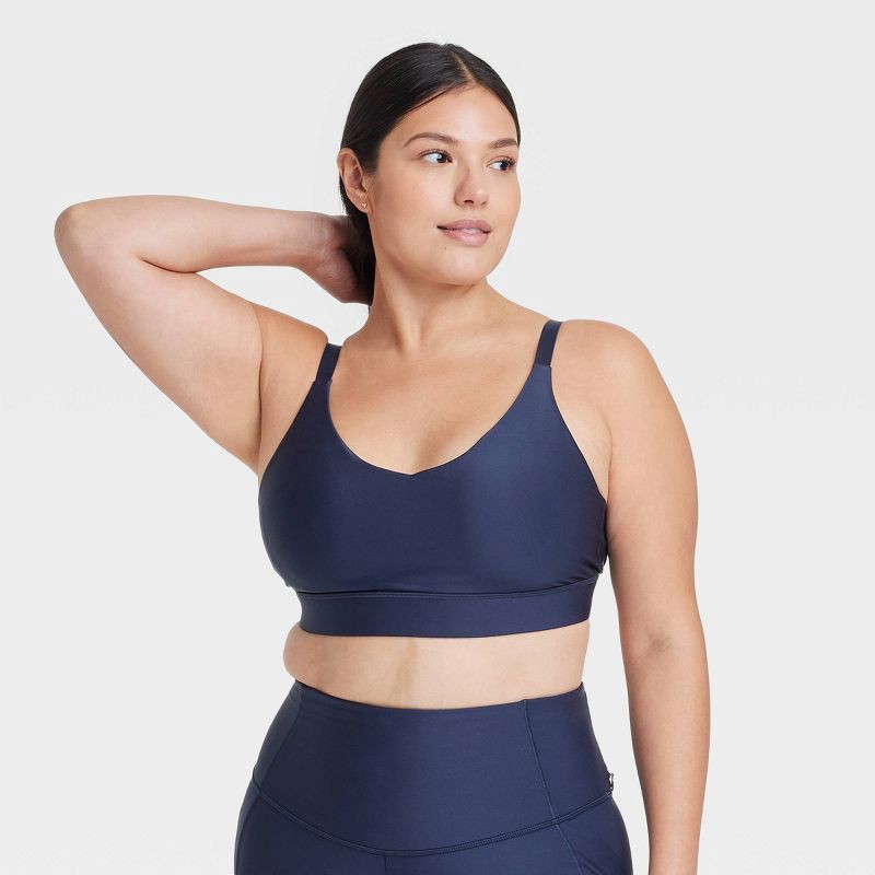 slide 3 of 5, Women's Effortless Medium Support Sports Bra - All In Motion™ Navy Blue XS: Moisture Wicking, Quick Drying, Adjustable Straps, 1 ct