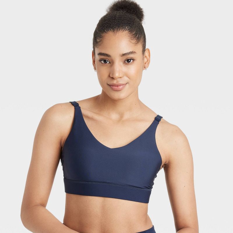 slide 5 of 5, Women's Effortless Medium Support Sports Bra - All In Motion™ Navy Blue XS: Moisture Wicking, Quick Drying, Adjustable Straps, 1 ct