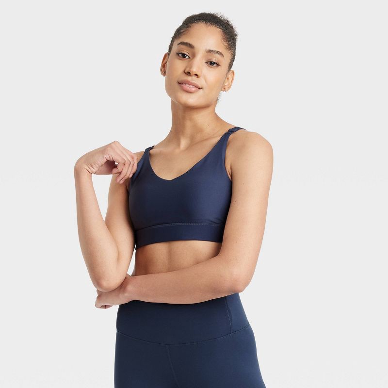 slide 1 of 5, Women's Effortless Medium Support Sports Bra - All In Motion™ Navy Blue XS: Moisture Wicking, Quick Drying, Adjustable Straps, 1 ct