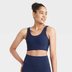 Women's Everyday Soft Medium Support Longline Sports Bra - All In Motion™ Navy Blue L: Moisture Wicking, Quick Drying, Padded Cup