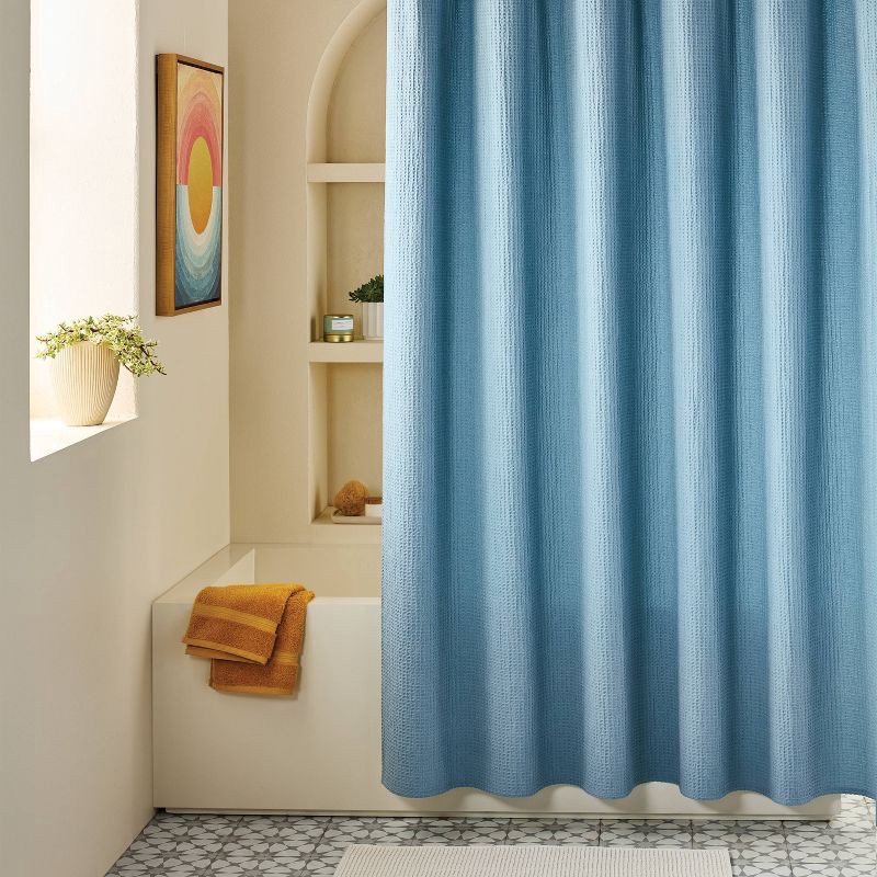 slide 2 of 4, Oversized Relaxed Waffle Weave Shower Curtain Light Blue - Threshold™, 1 ct