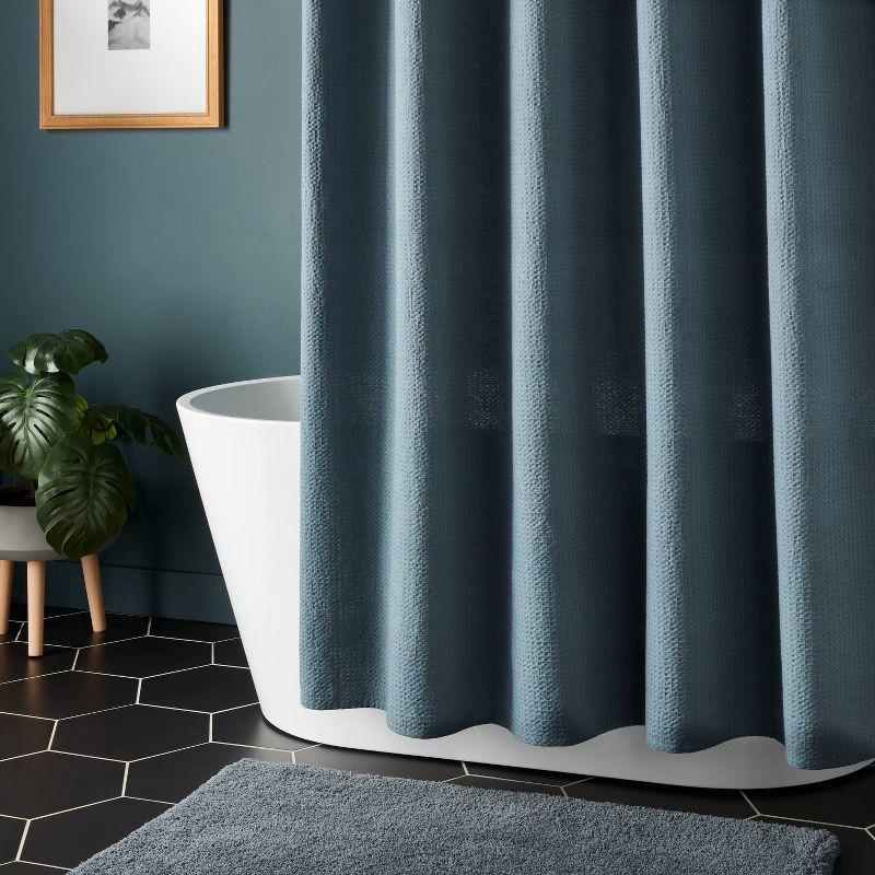 slide 2 of 4, Oversized Relaxed Waffle Weave Shower Curtain Dark Blue- Threshold™, 1 ct