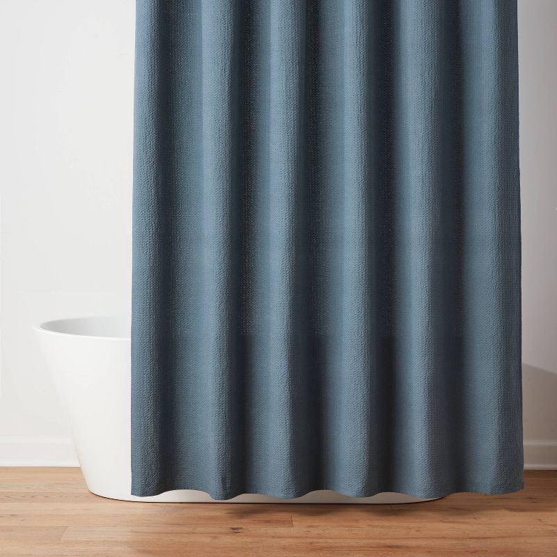 slide 1 of 4, Oversized Relaxed Waffle Weave Shower Curtain Dark Blue- Threshold™, 1 ct