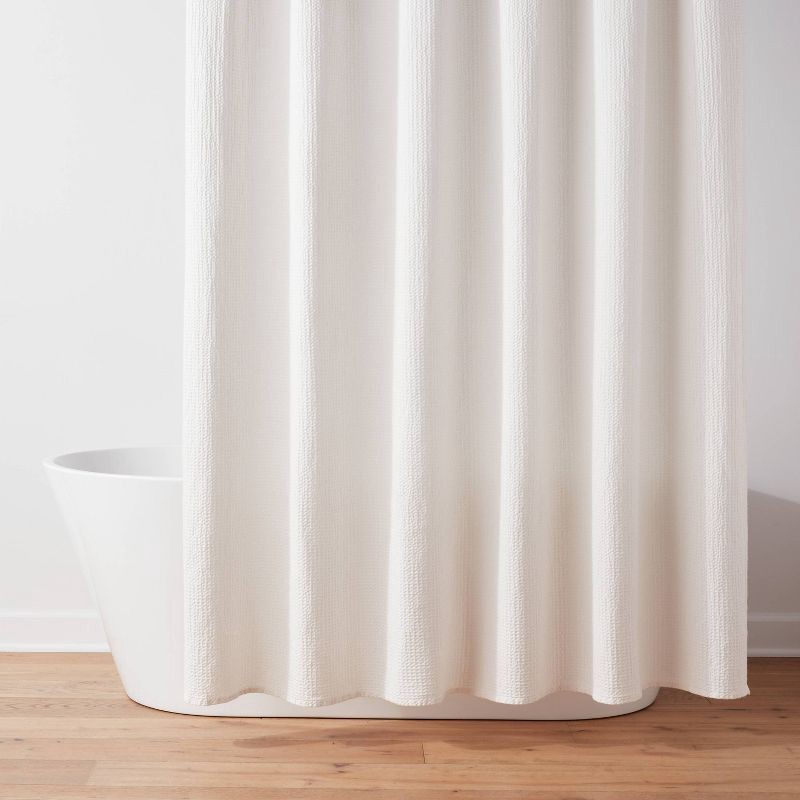 slide 1 of 4, Oversized Relaxed Waffle Weave Shower Curtain Ivory - Threshold™, 1 ct