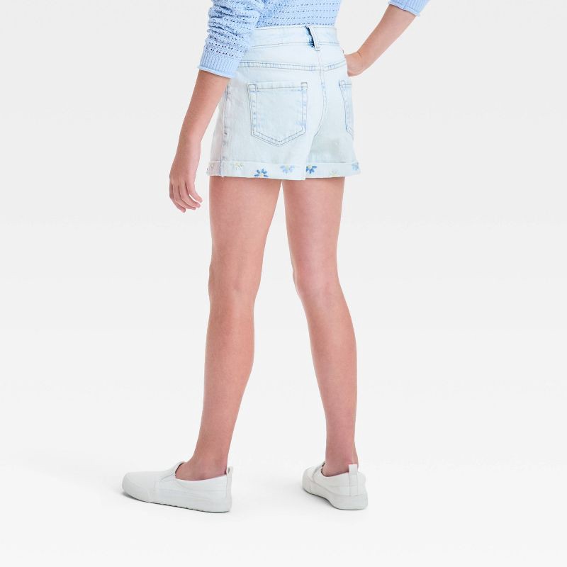 slide 2 of 4, Girls' Mid-Rise Cuffed Jean Shorts - Cat & Jack™ Light Wash XS: Adjustable Waistband, Embroidered Detail, 1 ct