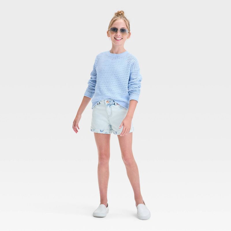 slide 3 of 4, Girls' Mid-Rise Cuffed Jean Shorts - Cat & Jack™ Light Wash XS: Adjustable Waistband, Embroidered Detail, 1 ct