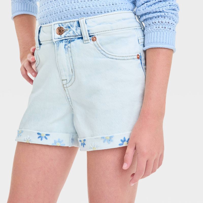 slide 4 of 4, Girls' Mid-Rise Cuffed Jean Shorts - Cat & Jack™ Light Wash XS: Adjustable Waistband, Embroidered Detail, 1 ct