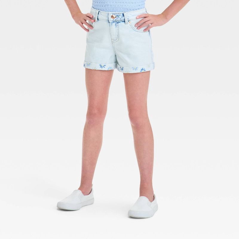 slide 1 of 4, Girls' Mid-Rise Cuffed Jean Shorts - Cat & Jack™ Light Wash XS: Adjustable Waistband, Embroidered Detail, 1 ct