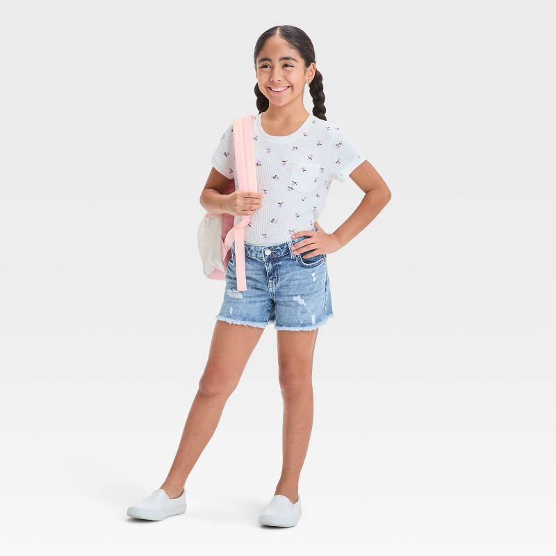 slide 3 of 3, Girls' Mid-Rise Cutoff Jean Shorts - Cat & Jack™ Light Blue L: Adjustable Waistband, Stretch Denim, 1 ct