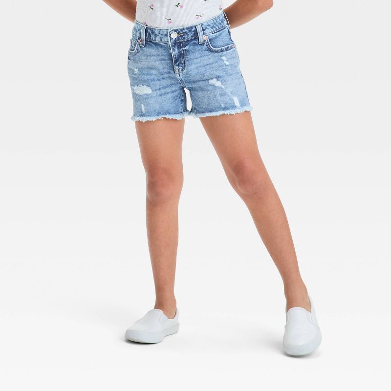 slide 1 of 3, Girls' Mid-Rise Cutoff Jean Shorts - Cat & Jack™ Light Blue L: Adjustable Waistband, Stretch Denim, 1 ct