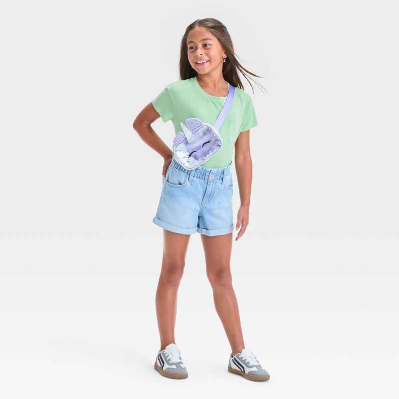 slide 3 of 3, Girls' High-Rise Paper Bag Cuffed Jean Shorts - Cat & Jack™ Light Wash XL: Denim, Elastic Waistband, 1 ct