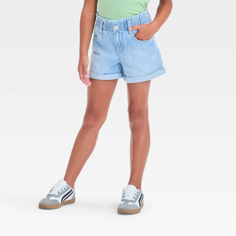 slide 1 of 3, Girls' High-Rise Paper Bag Cuffed Jean Shorts - Cat & Jack™ Light Wash XL: Denim, Elastic Waistband, 1 ct