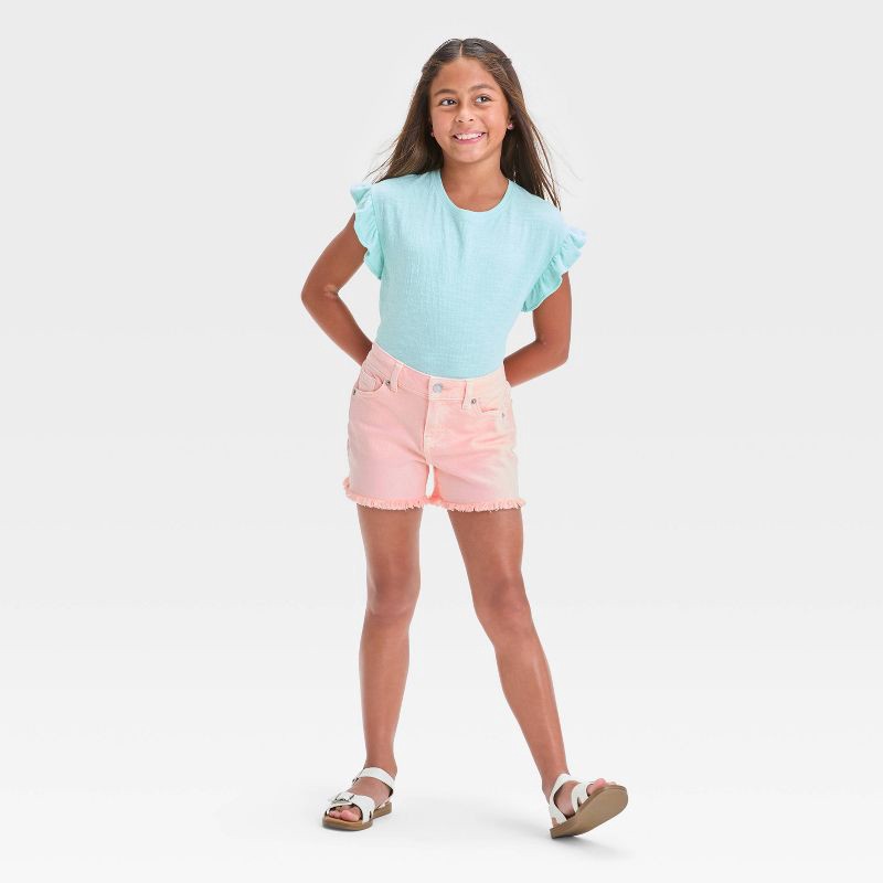 slide 3 of 3, Girls' Mid-Rise Cutoff Jean Shorts - Cat & Jack™ Light Pink M: Adjustable Waistband, Frayed Hem, Stretch Denim, 1 ct