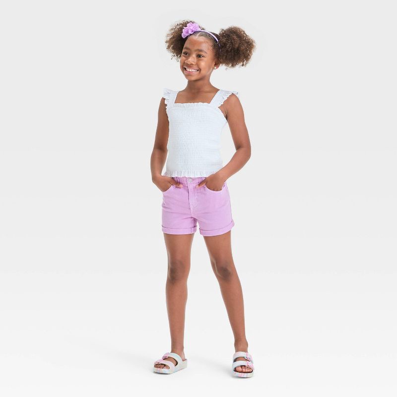 slide 3 of 3, Girls' High-Rise Paper Bag Cuffed Jean Shorts - Cat & Jack™ Lilac Purple L: Cotton-Spandex Blend, Elastic Waistband, Denim Fabric, 1 ct