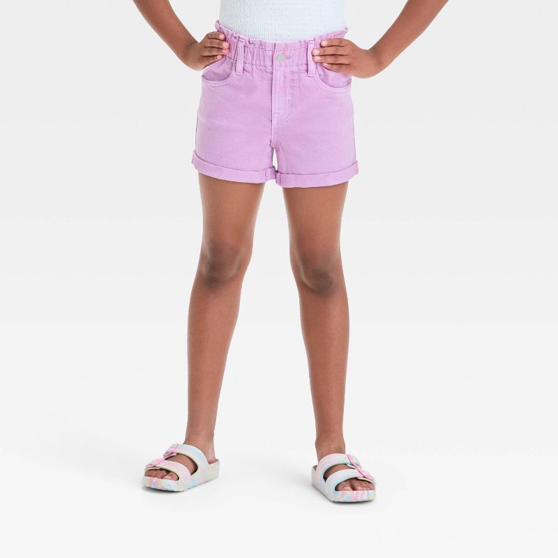 slide 1 of 3, Girls' High-Rise Paper Bag Cuffed Jean Shorts - Cat & Jack™ Lilac Purple L: Cotton-Spandex Blend, Elastic Waistband, Denim Fabric, 1 ct