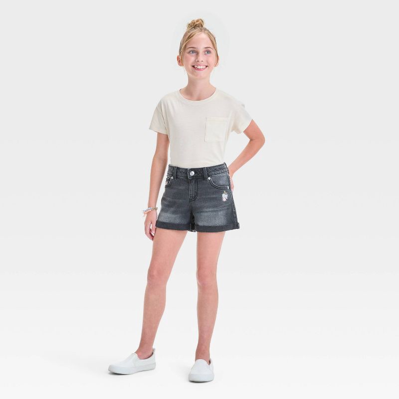 slide 3 of 4, Girls' Mid-Rise Cuffed Jean Shorts - Cat & Jack™ Black Wash XL: Adjustable Waistband, Rolled Hem, Stretch Denim, 1 ct