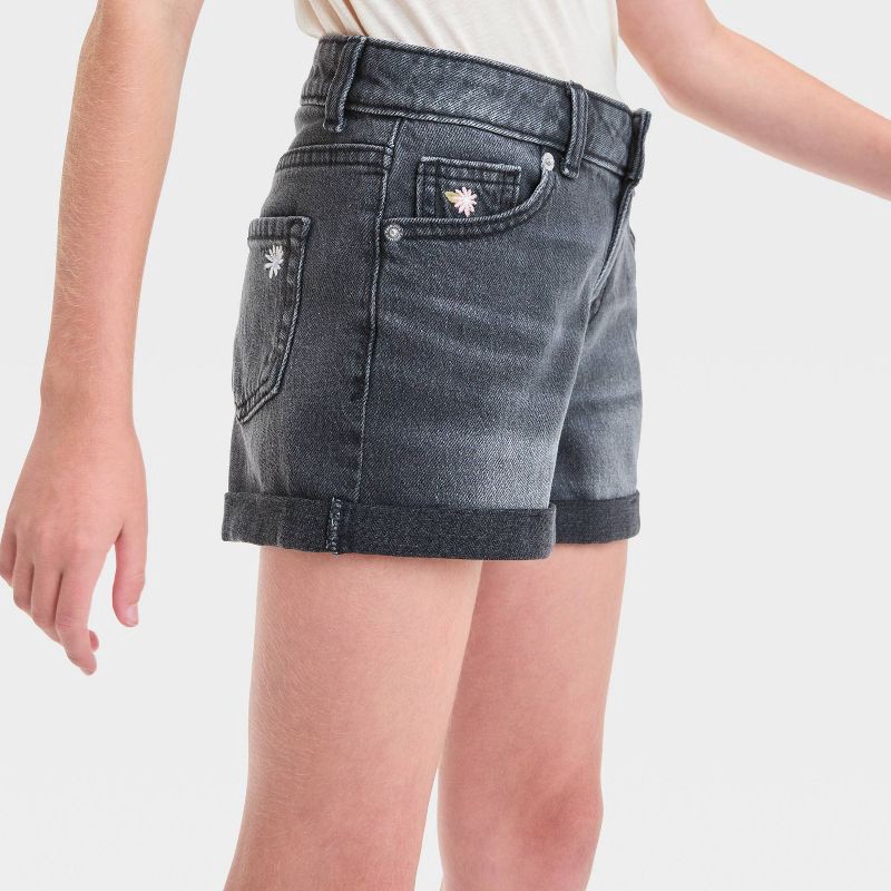 slide 4 of 4, Girls' Mid-Rise Cuffed Jean Shorts - Cat & Jack™ Black Wash XL: Adjustable Waistband, Rolled Hem, Stretch Denim, 1 ct