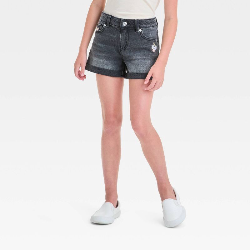 slide 1 of 4, Girls' Mid-Rise Cuffed Jean Shorts - Cat & Jack™ Black Wash XL: Adjustable Waistband, Rolled Hem, Stretch Denim, 1 ct