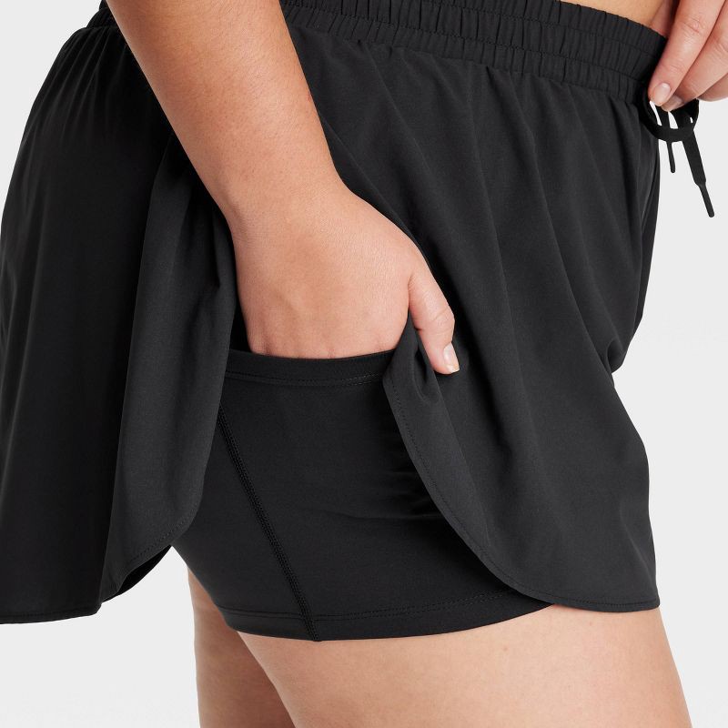 slide 4 of 4, Women's Woven High-Rise Flutter Shorts 2.5" - All In Motion Black XXL: Moisture Wicking, Quick Dry, Built-in Shorts, 1 ct