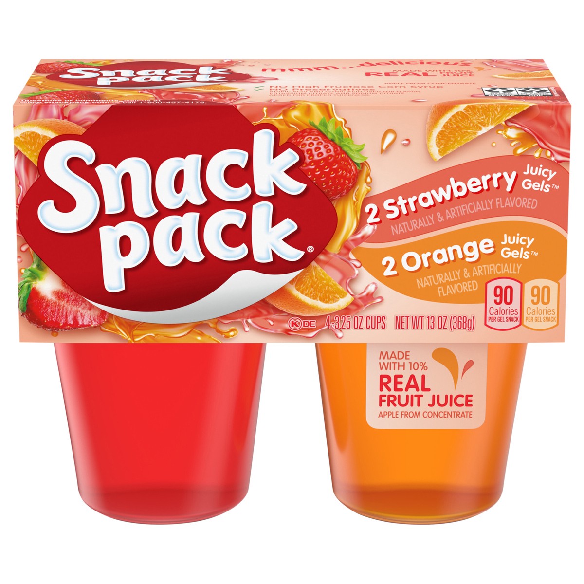 slide 1 of 5, Snack Pack Strawberry and Orange Flavored Juicy Gels, 3.25 oz Snack Cups, 4 Count, 12 Pack, 4 ct
