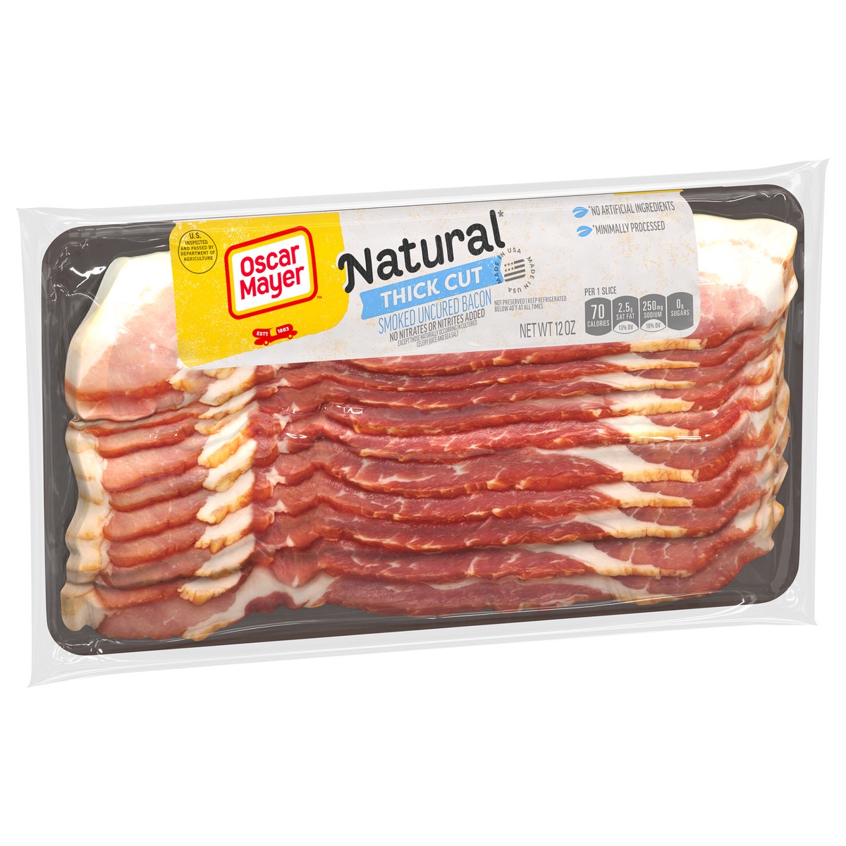 slide 9 of 9, Oscar Mayer Natural Thick Cut Smoked Uncured Bacon, 12 oz Pack, 8-10 slices, 12 oz
