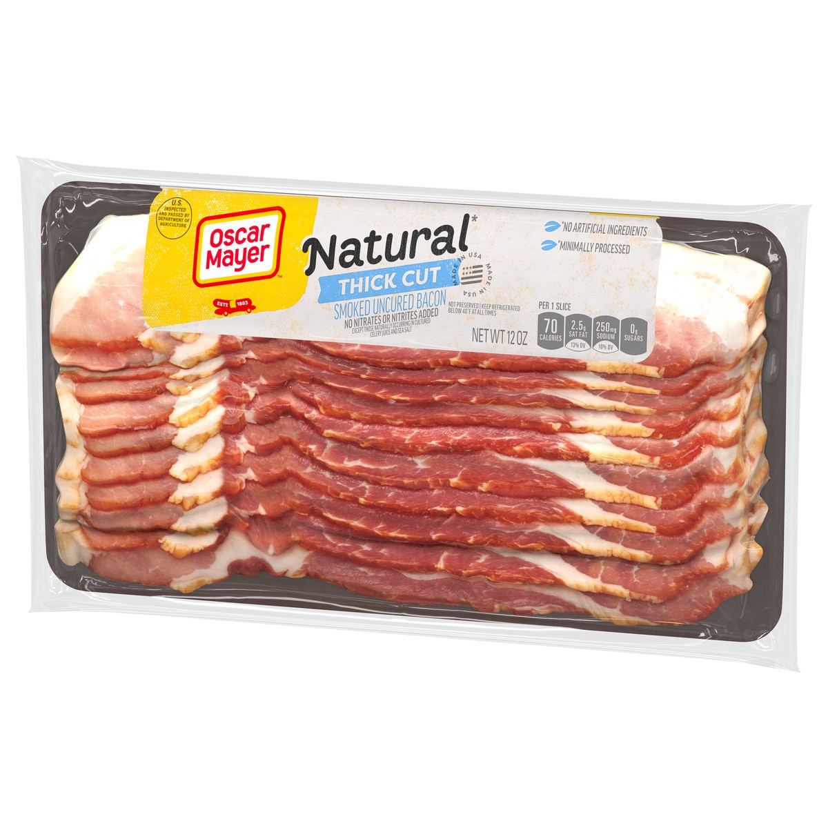 slide 2 of 9, Oscar Mayer Natural Thick Cut Smoked Uncured Bacon, 12 oz Pack, 8-10 slices, 12 oz