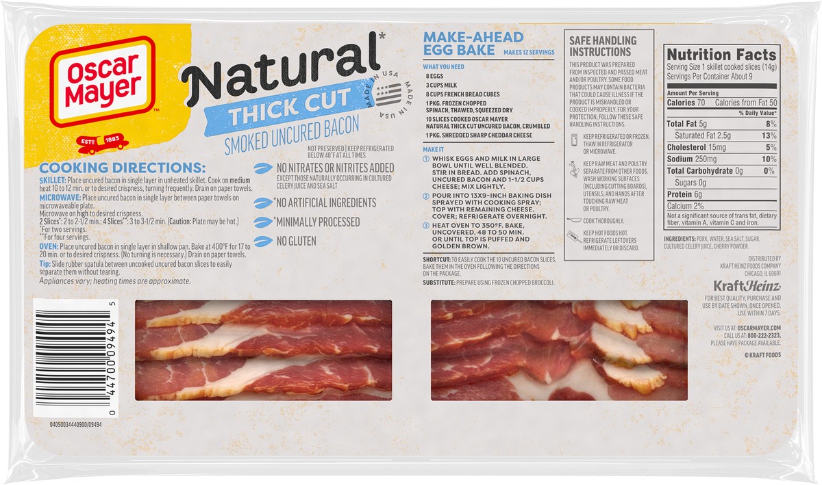 slide 4 of 9, Oscar Mayer Natural Thick Cut Smoked Uncured Bacon, 12 oz Pack, 8-10 slices, 12 oz