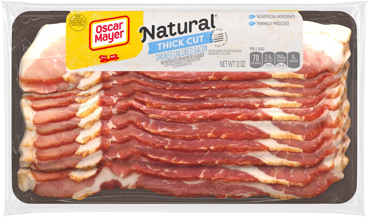 slide 5 of 9, Oscar Mayer Natural Thick Cut Smoked Uncured Bacon, 12 oz Pack, 8-10 slices, 12 oz