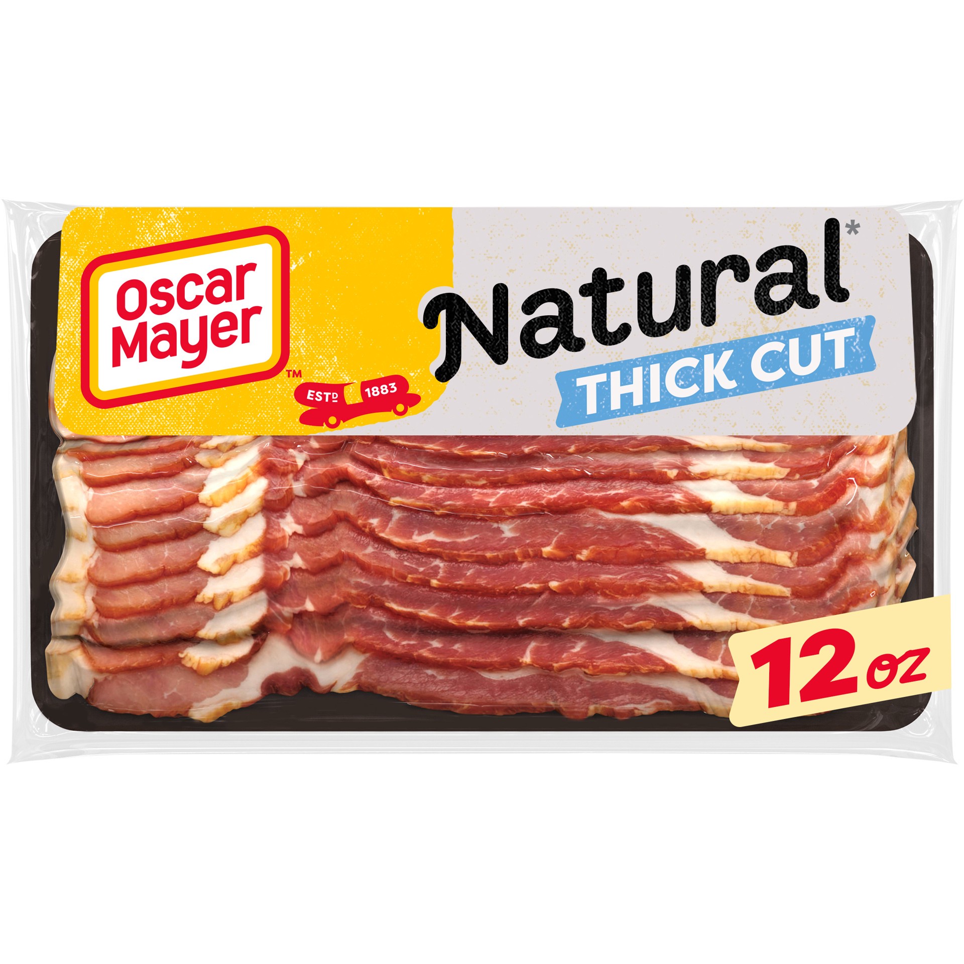 slide 1 of 5, Oscar Mayer Natural Thick Cut Smoked Uncured Bacon Pack, 8-10 slices, 12 oz