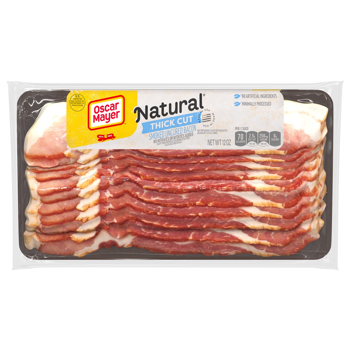 slide 1 of 9, Oscar Mayer Natural Thick Cut Smoked Uncured Bacon, 12 oz Pack, 8-10 slices, 12 oz