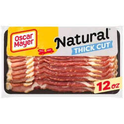 Oscar Mayer Natural Thick Cut Smoked Uncured Bacon Slices Pack. No artificial ingredients minimally processed. No added nitrates or nitrites except those naturally occurring in cultured celery juice and sea salt