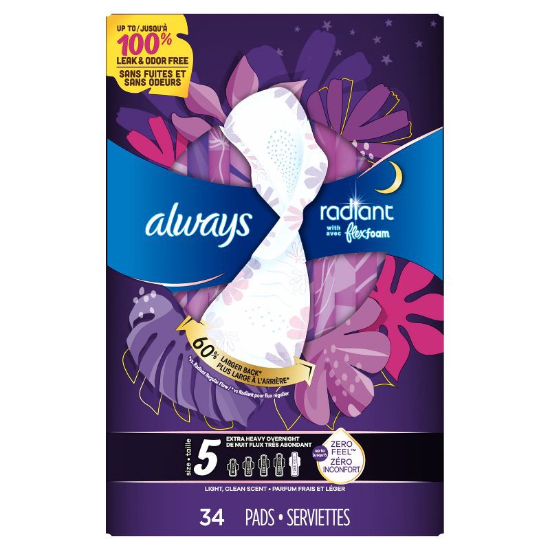 slide 11 of 12, Always Radiant Extra Heavy Overnight Pads - Size 5 - 34ct, 5 x 34 ct