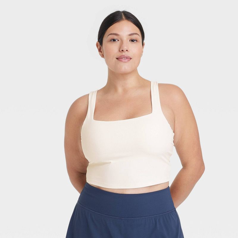 slide 2 of 5, Women's Everyday Soft Light Support Rib Squareneck Cropped Sports Bra - All In Motion™ Cream XXL: Moisture Wicking, Removable Cup, 1 ct