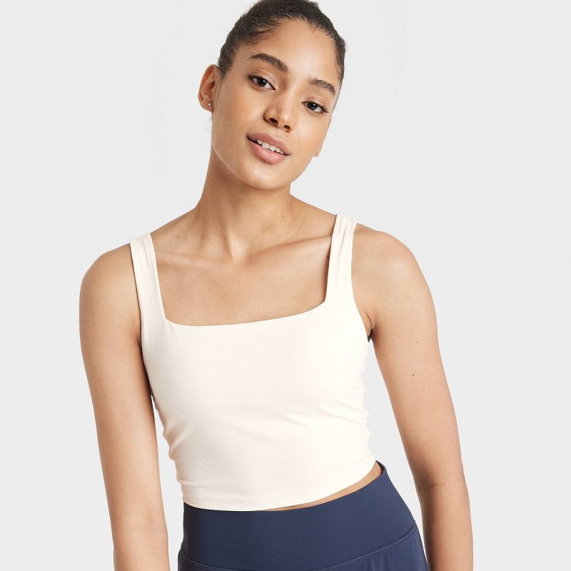 slide 5 of 5, Women's Everyday Soft Light Support Rib Squareneck Cropped Sports Bra - All In Motion™ Cream XXL: Moisture Wicking, Removable Cup, 1 ct