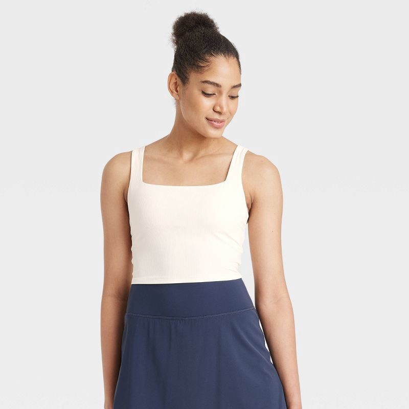 slide 1 of 5, Women's Everyday Soft Light Support Rib Squareneck Cropped Sports Bra - All In Motion™ Cream XXL: Moisture Wicking, Removable Cup, 1 ct