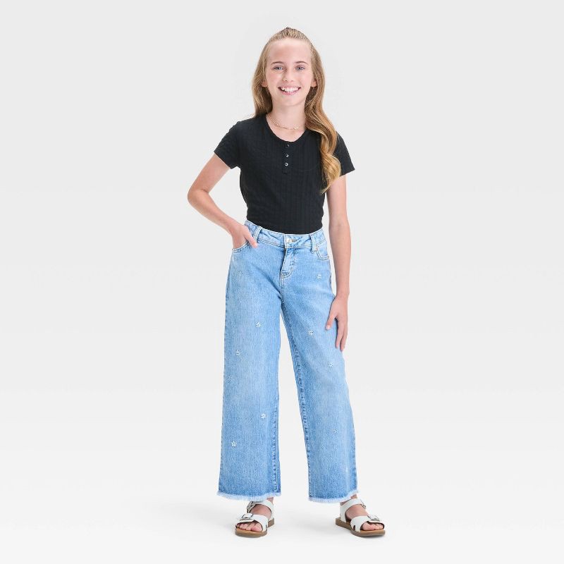 slide 3 of 4, Girls' Mid-Rise Floral Embroidery Wide Leg Jeans - Cat & Jack™ Light Wash 5: Adjustable Waistband, Stretch, Machine Washable, 1 ct