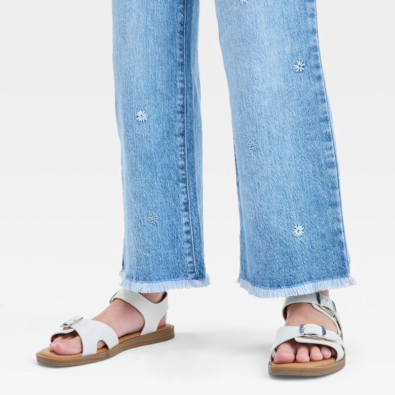 slide 4 of 4, Girls' Mid-Rise Floral Embroidery Wide Leg Jeans - Cat & Jack™ Light Wash 5: Adjustable Waistband, Stretch, Machine Washable, 1 ct