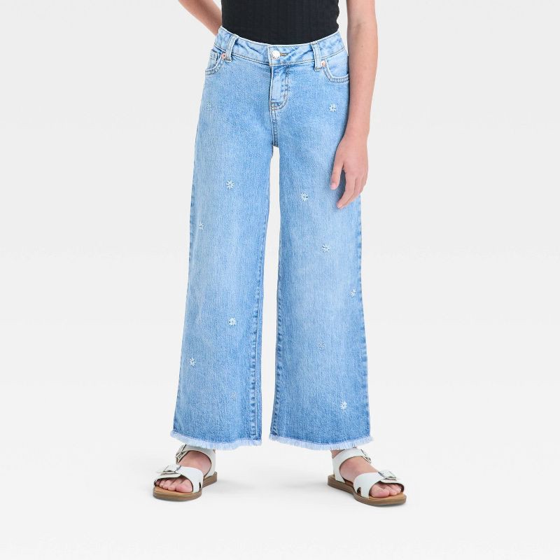 slide 1 of 4, Girls' Mid-Rise Floral Embroidery Wide Leg Jeans - Cat & Jack™ Light Wash 5: Adjustable Waistband, Stretch, Machine Washable, 1 ct