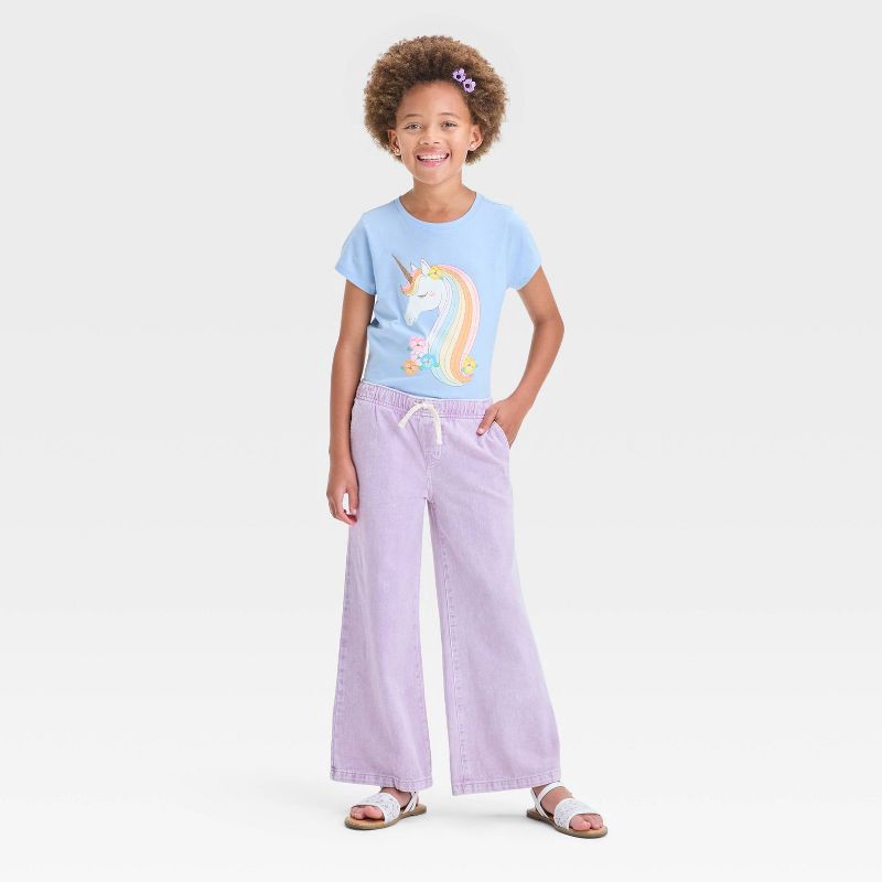 slide 3 of 3, Girls' Mid-Rise Pull-On Wide Leg Denim Pants - Cat & Jack™ Lilac Purple M: Elastic Waist, 22" Inseam, 1 ct