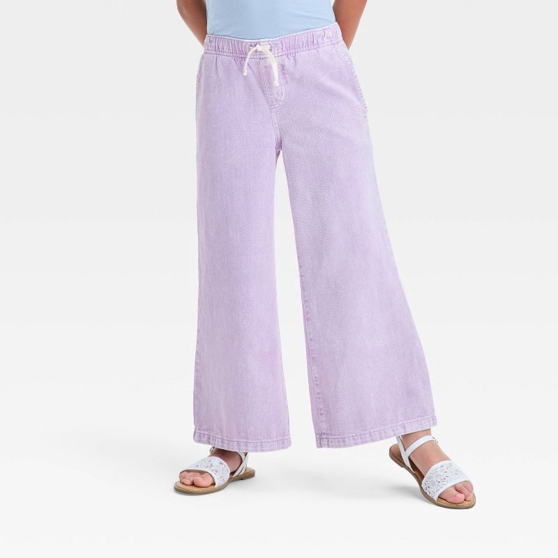 slide 1 of 3, Girls' Mid-Rise Pull-On Wide Leg Denim Pants - Cat & Jack™ Lilac Purple M: Elastic Waist, 22" Inseam, 1 ct