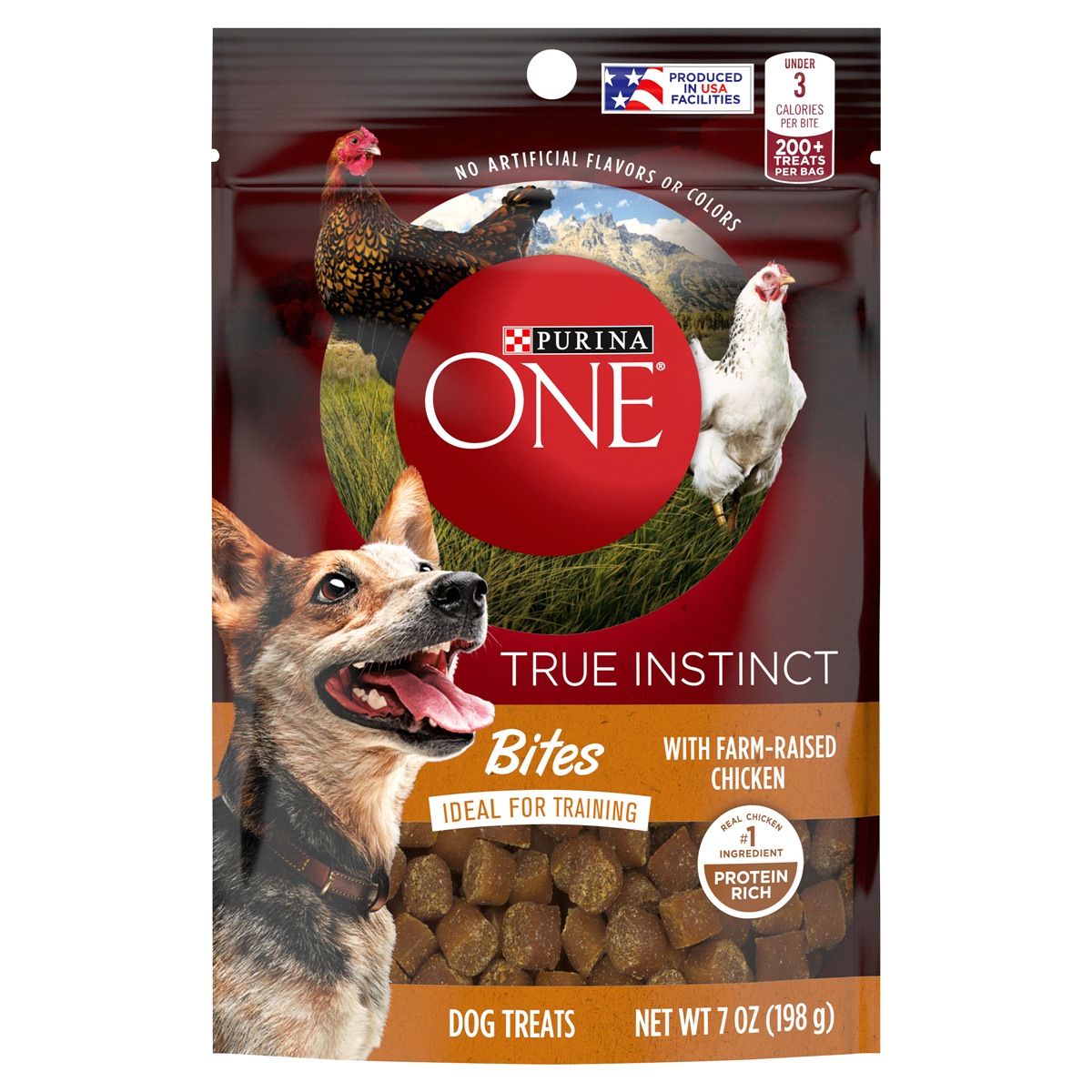 slide 1 of 9, Purina One True Instinct Bites with Farm Raised Chicken Dog Treats, 7 oz