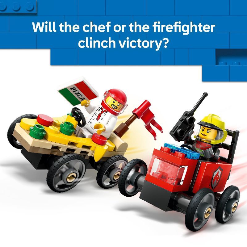 slide 4 of 7, LEGO City Pizza vs. Fire Truck Race Car Pack Building Toy with Chef & Firefighter Minifigures 60458, 1 ct