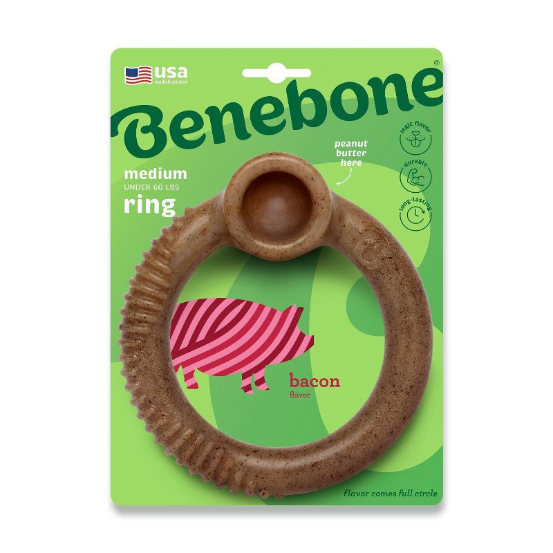 slide 1 of 8, Benebone Bacon Ring Dog Bone Chew Toy - M: Nylon Material, 0.43 lbs, Alcohol-Free, 1 ct